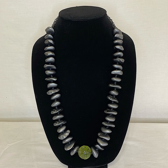 Babylone Jewelry - BABYLONE Gunmetal Gray Beaded Necklace with a Single Green Etched Bead